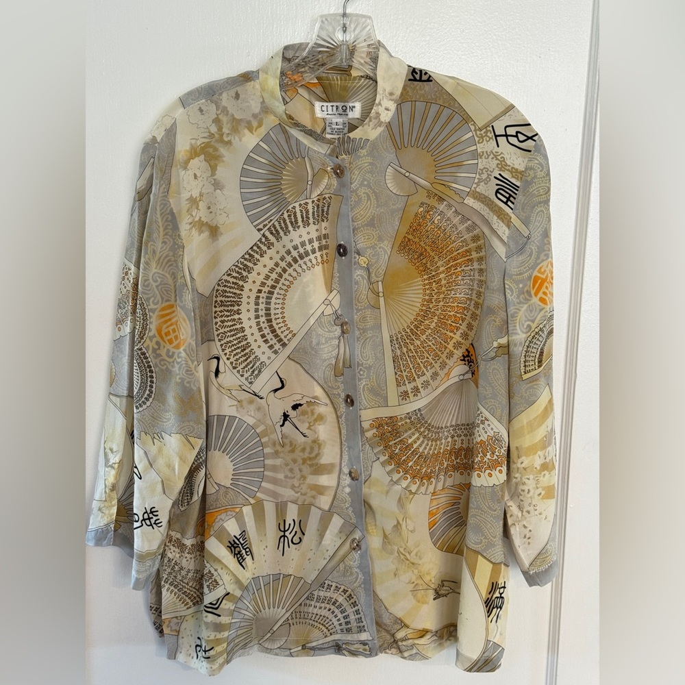 Citron Santa Monica Crane Fan Print Blouse Top Button Front Asian Style L